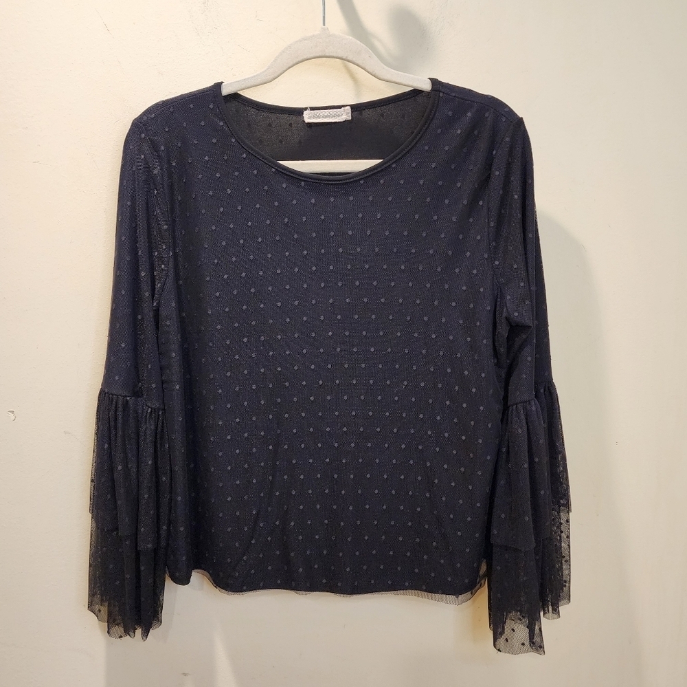 Pebble & Stone Elegant Black Sheer Polka dot Long Sleeves Sleeve Top size M